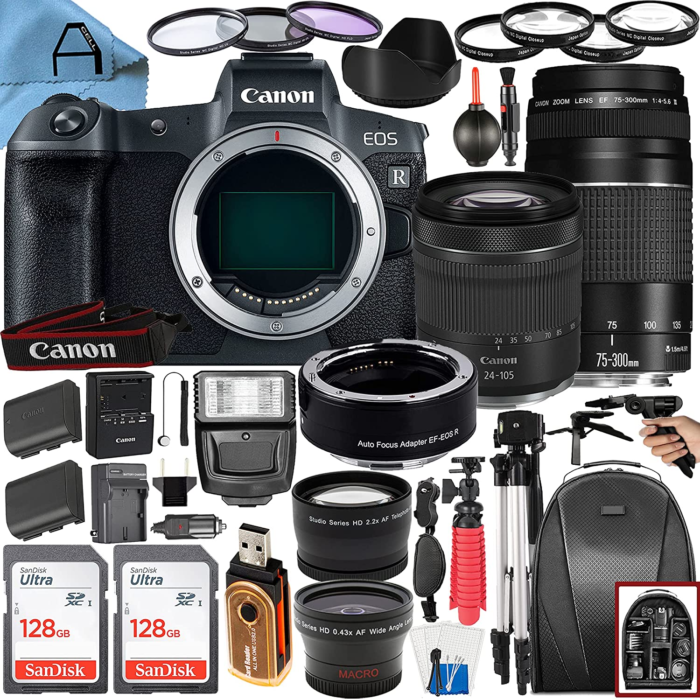 A-CELL Canon EOS R Digital Mirrorless Camera 30.3MP with EF 75-300Mm + RF 24-105Mm Dual Lens + Mount Adapter + A-Cell Accessory Bundle + 2 Pack Sandi
