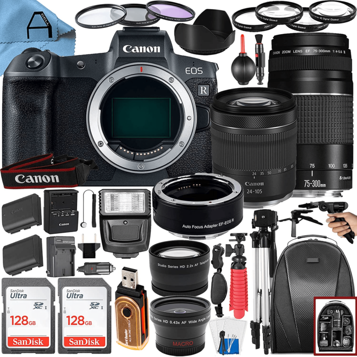 A-CELL Canon EOS R Digital Mirrorless Camera 30.3MP with EF 75-300Mm + RF 24-105Mm Dual Lens + Mount Adapter + A-Cell Accessory Bundle + 2 Pack Sandi