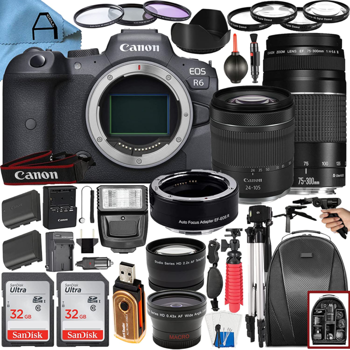 A-CELL Canon EOS R6 Mirrorless Digital Camera 20MP with EF 75-300Mm + RF 24-105Mm Dual Lens Mount Adapter A-Cell Accessory Bundle 2 Pack Sandisk 32GB