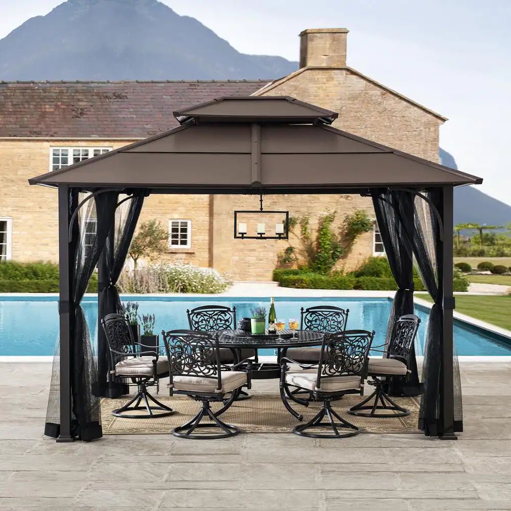 Atasha 10 Ft. X 12 Ft. Brown Steel Gazebo with 2-Tier Hip Roof Hardtop with Mosquito Netting