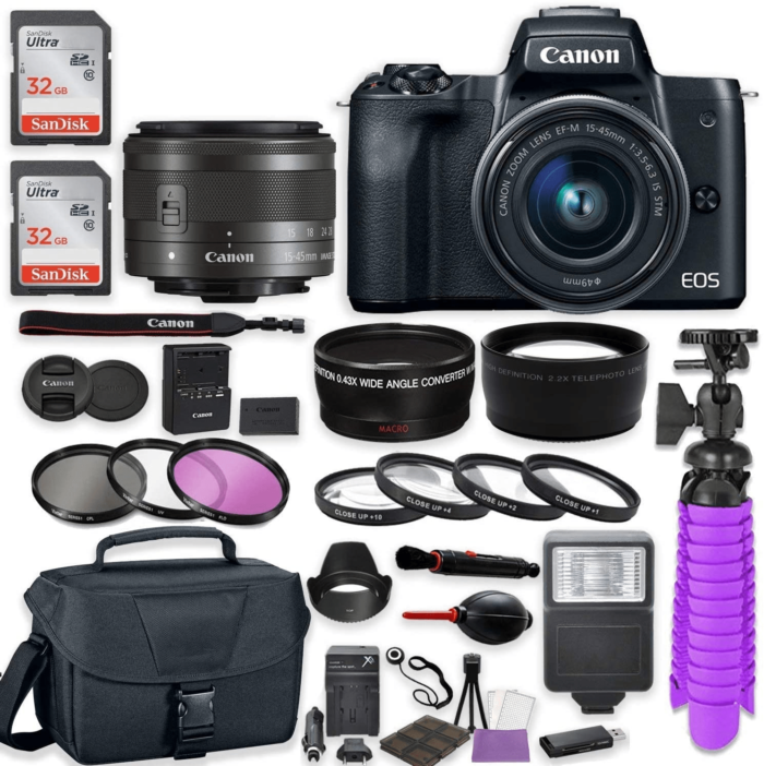 Canon EOS M50 Mirrorless Digital Camera (Black) Premium Accessory Bundle with EF-M 15-45Mm Is STM Lens (Graphite) + Gadget Case + 64GB Memory + HD Fi