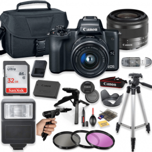Canon EOS M50 Mirrorless Digital Camera (Black) with 15-45Mm STM Lens + Deluxe Accessory Bundle Including Sandisk 32GB Card, Canon Case, Flash, Grip