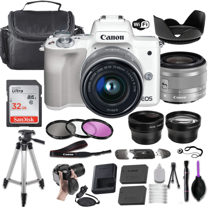 Canon EOS M50 Mirrorless Digital Camera (White) W/Ef-M 15-45Mm F/3.5-6.3 Is STM + Wide-Angle and Telephoto Lenses + Portable Tripod + Memory Card + D