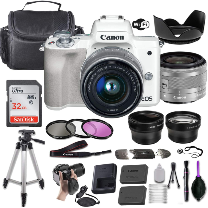 Canon EOS M50 Mirrorless Digital Camera (White) W/Ef-M 15-45Mm F/3.5-6.3 Is STM + Wide-Angle and Telephoto Lenses + Portable Tripod + Memory Card + D