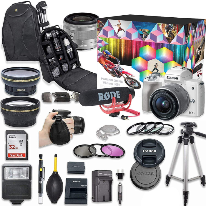 Canon EOS M50 Mirrorless Digital Camera with 15-45Mm Lens Video Kit (White) + Wide Angle Lens + 2X Telephoto Lens + Flash + Sandisk 32GB SD Memory Ca
