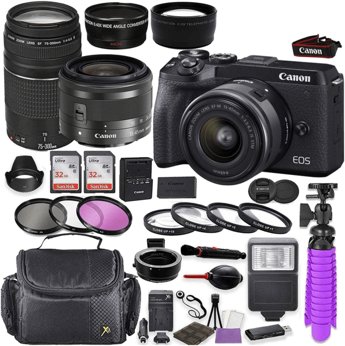 Canon EOS M6 Mark II Mirrorless Digital Camera (Black) Bundle W/Canon EF-M 15-45Mm Is STM & EF 75-300Mm F/4-5.6 III Lenses + Auto (EF/EF-S to EF-M) M