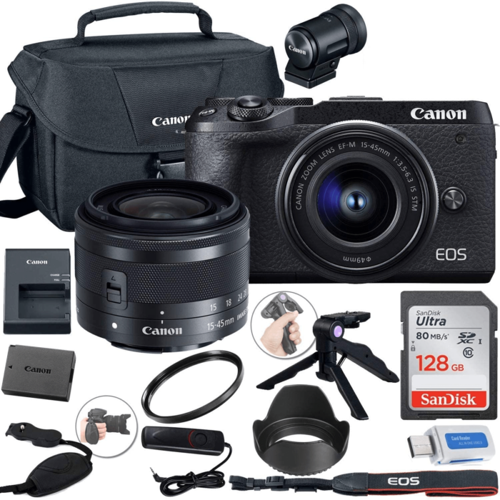Canon EOS M6 Mark II Mirrorless Digital Camera (Black) with 15-45Mm Lens and EVF-DC2 Viewfinder + Canon Shoulder Bag + 128GB Sandisk Memory Card + Gr
