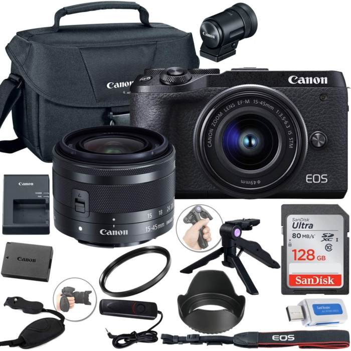 Canon EOS M6 Mark II Mirrorless Digital Camera (Black) with 15-45Mm Lens and EVF-DC2 Viewfinder + Canon Shoulder Bag + 128GB Sandisk Memory Card + Gr
