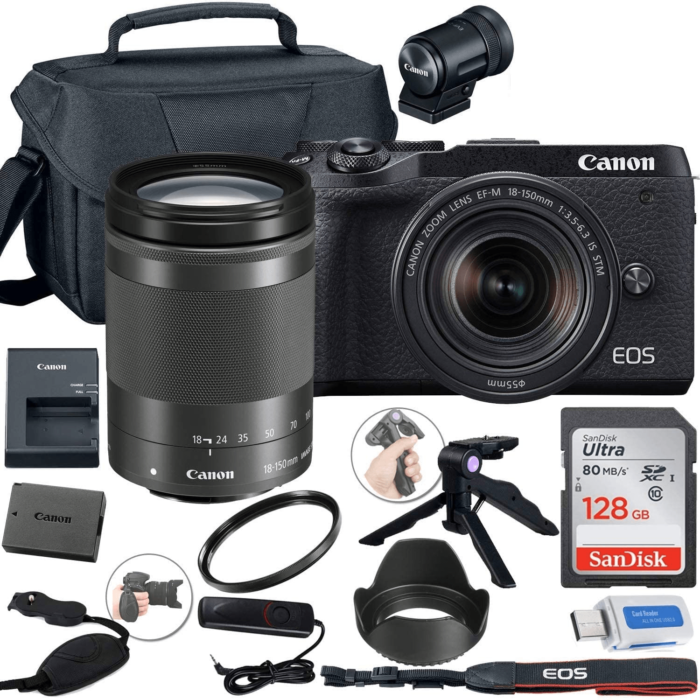 Canon EOS M6 Mark II Mirrorless Digital Camera (Black) with 18-150Mm Lens and EVF-DC2 Viewfinder + Canon Shoulder Bag + 128GB Sandisk Memory Card + G