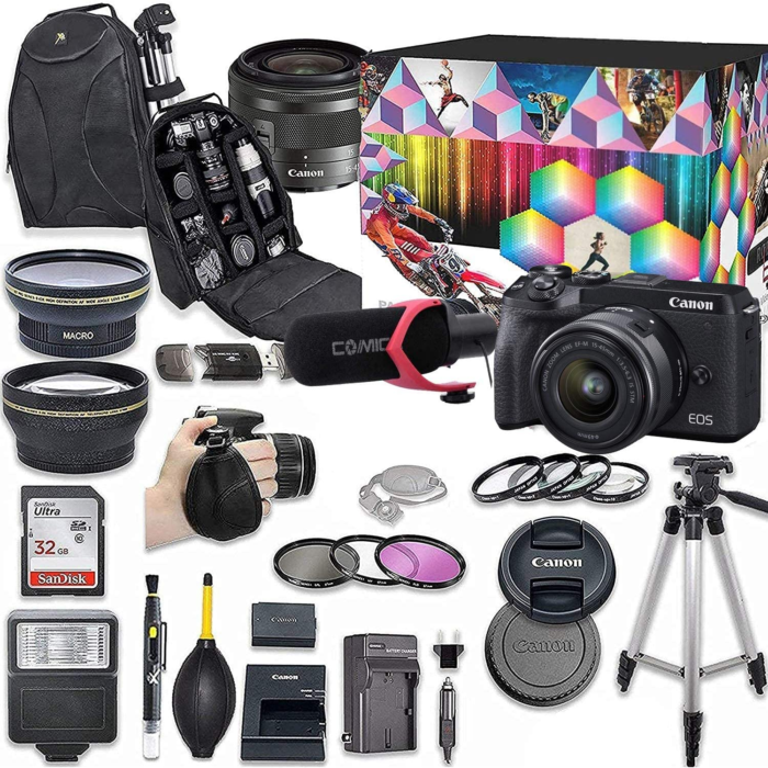 Canon EOS M6 Mark II Mirrorless Digital Camera with 15-45Mm Lens Kit (Black) + Wide Angle Lens + 2X Telephoto Lens + Flash + Sandisk 32GB SD Memory C