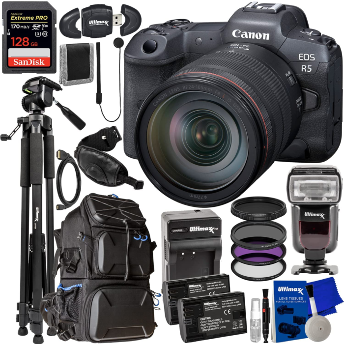 Canon EOS R5 Mirrorless Camera with 24-105Mm F/4 Lens + Sandisk 128GB Extreme Pro SDXC, Lightweight 75” Tripod, Variable Neutral Density Filter, 3P