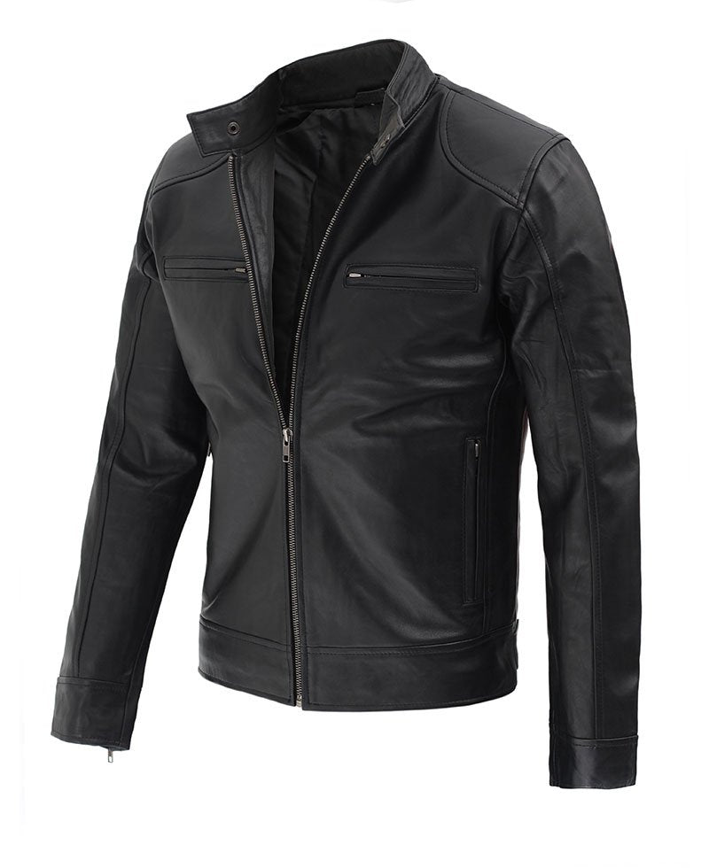 Dodge Black Mens Leather Racer Jacket