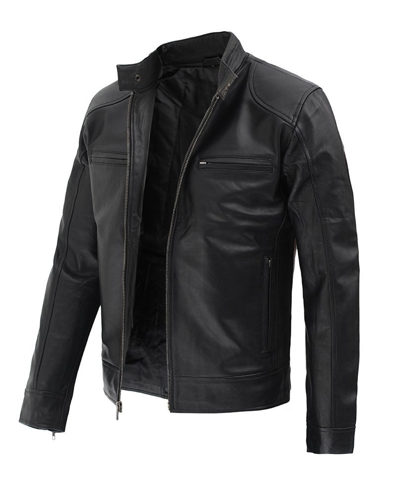 Dodge Black Mens Leather Racer Jacket