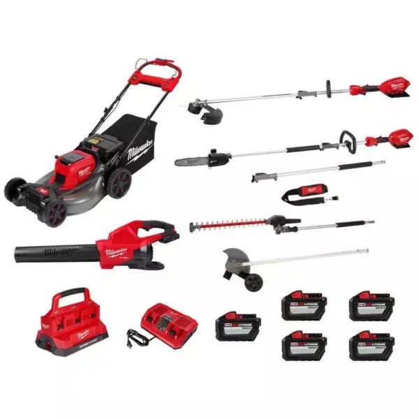 Milwaukee M18 FUEL 18V Cordless Mower, Dual Blower, String Trimmer, (4) QUIK-LOK Attachments, (5) 12.0 Ah Batteries, (2) Charger –