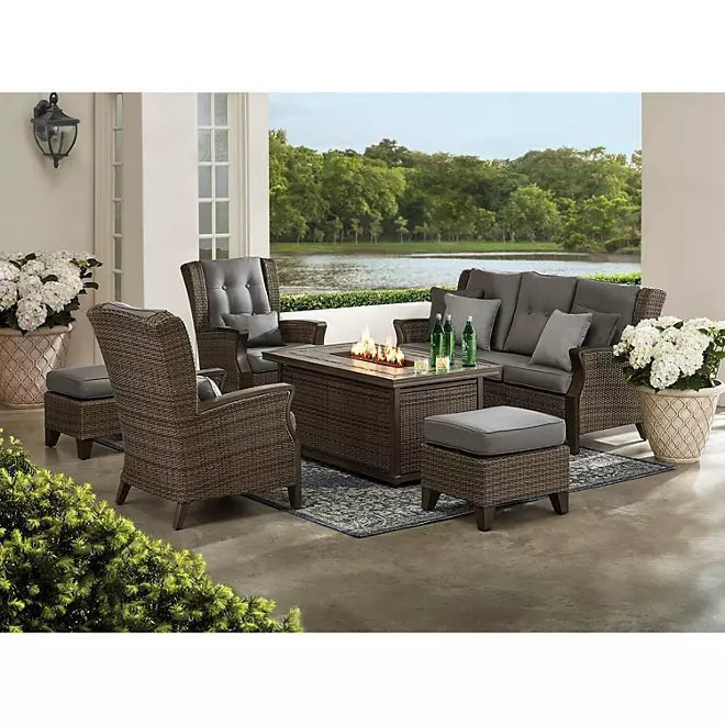 Newcastle 6-Piece Patio Deep Seating Set with Fire Pit Smoke