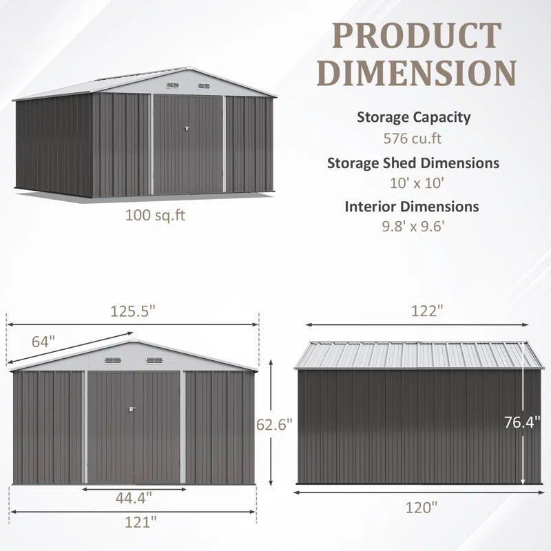 Outdoor Garden Metal Storage Shed with Lockable Double Doors