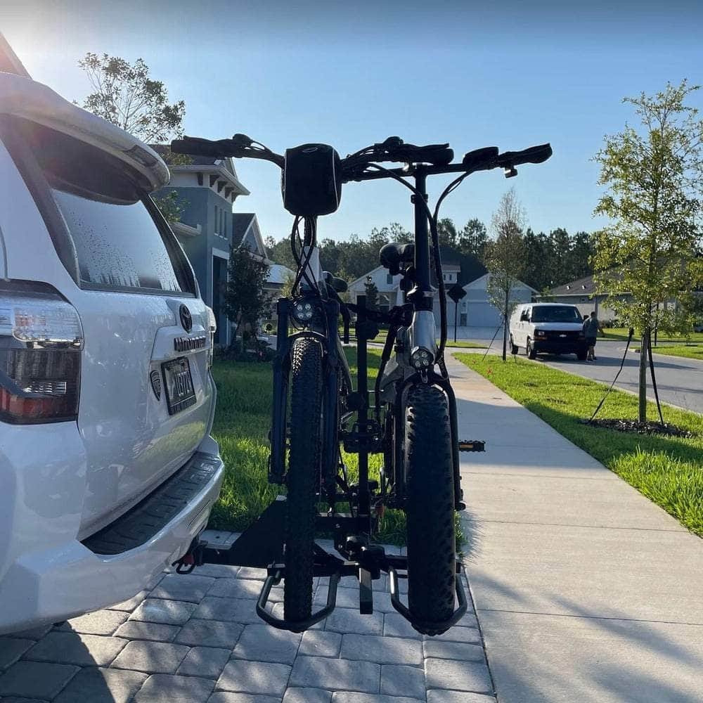Rugged Dual Ebike Carrying Rack Hitch Mounted Bike Accessory JupiterBike – tilts forward for easy trunk access!