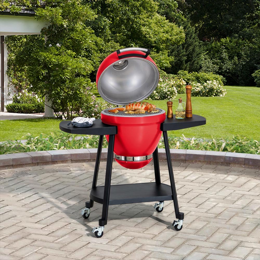 Sunjoy 20 in. Charcoal Grill, Egg-shaped Outdoor Grill with Pizza Stone, Ultimate BBQ Grill and Smoker with Wheels
