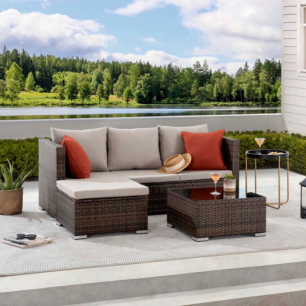 Sunjoy 3-Piece Patio Furniture Set Outdoor Wicker Sofa Set with Sunbrella® Cushions and Tempered Glass Top Coffee Table