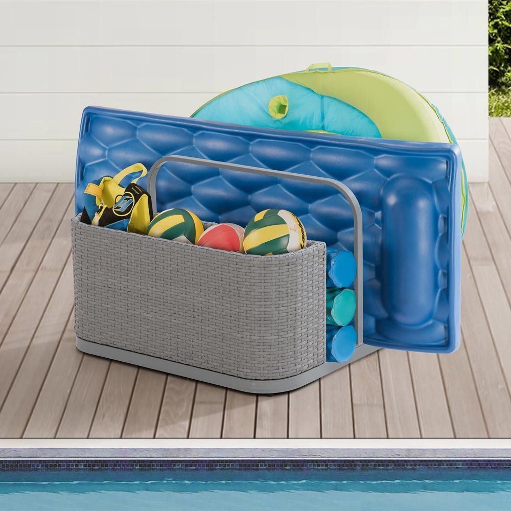 Sunjoy 35” Rust-proof Aluminum Pool Float Storage Rack, Outdoor Wicker Poolside Float Organizer, Pool Float Caddy for Floaties, Noodles, Pool Toys