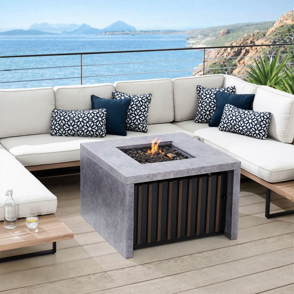 Sunjoy 38″ Large Size Outdoor Patio Grey Propane Burning Fire Pit Table with Lid and Lava Rocks