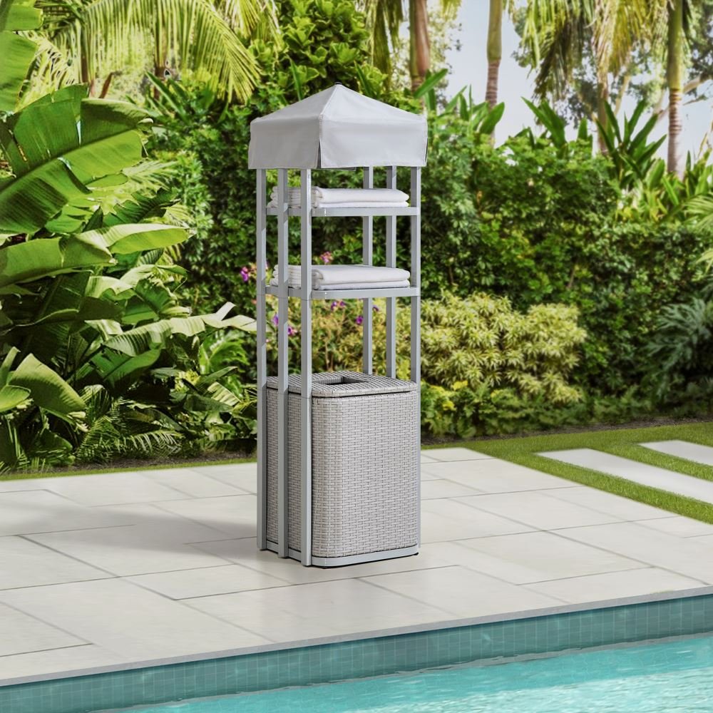 Sunjoy Pickford Aluminum Pool Towel Valet Tower with Shelves and Wicker Storage Basket