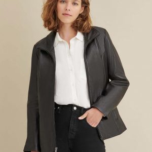 Thinsulate convertible collar black leather jacket for women